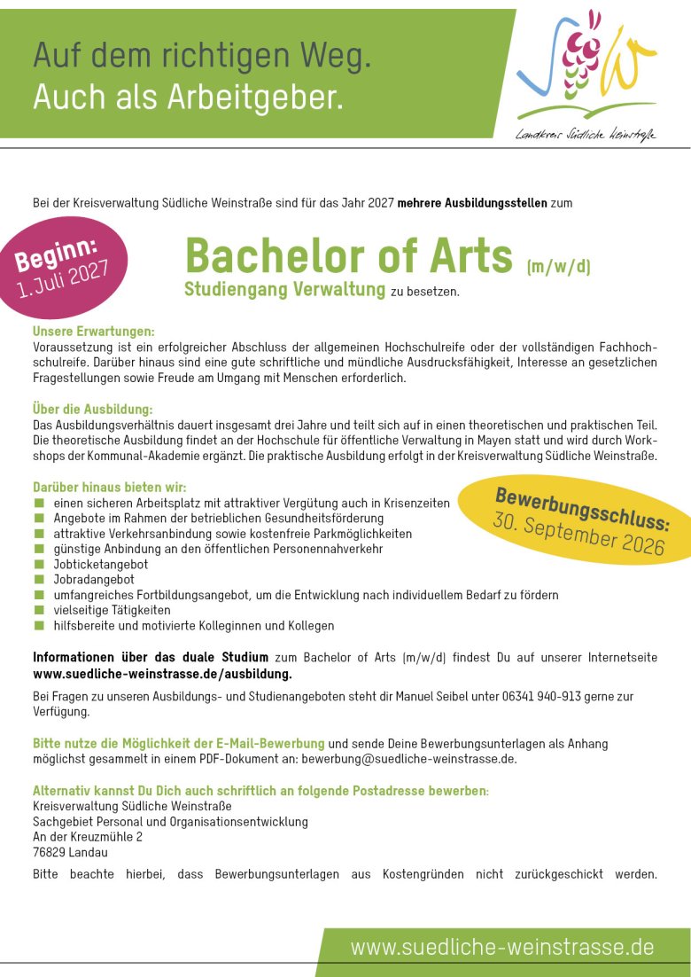 Infoblatt zum Studium Bachelor of Arts. Grafik: KV SÜW Stellenausschreibung mit Infos.