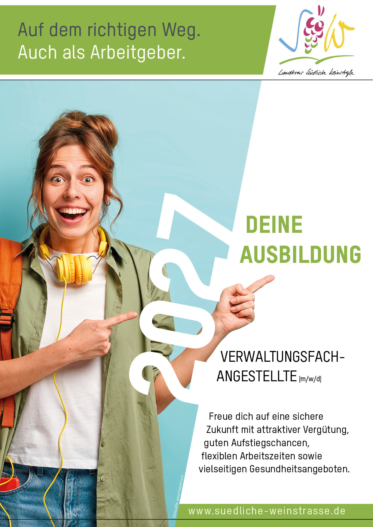 Infoblatt Verwaltungsfachangestellte ab 2027. Grafik: KV SÜW Frau mit Rucksack.