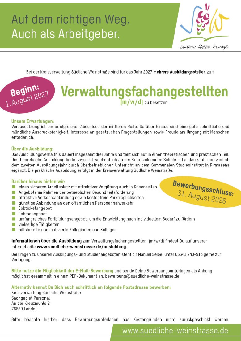 Infoblatt Verwaltungsfachangestellte 2027. Grafik: KV SÜW Stellenausschreibung mit Infos.