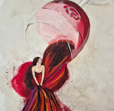 Illustrative, künstlerische Darstellung: Ein umgestürztes Weinglas gießt scheinbar Rotwein aus. Der ausfließende Wein verwandelt sich in das lange, farbenfrohe Kleid einer sitzenden Frau. Rote, violette und orangefarbene Farbtöne fließen ineinander und erzeugen den Eindruck von Bewegung. Der Hintergrund ist hell und schlicht gehalten, wodurch das Weinglas und die Figur besonders hervortreten.