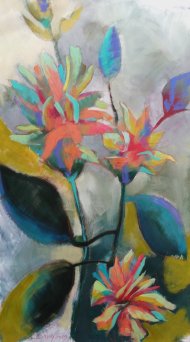 Abstraktes Gemälde mit farbenfrohen Blumenformen in Türkis-, Gelb-, Rot- und Orangetönen vor einem hellen, grauen Hintergrund. Die dynamische Pinselführung verleiht dem Motiv eine lebendige, expressive Wirkung.