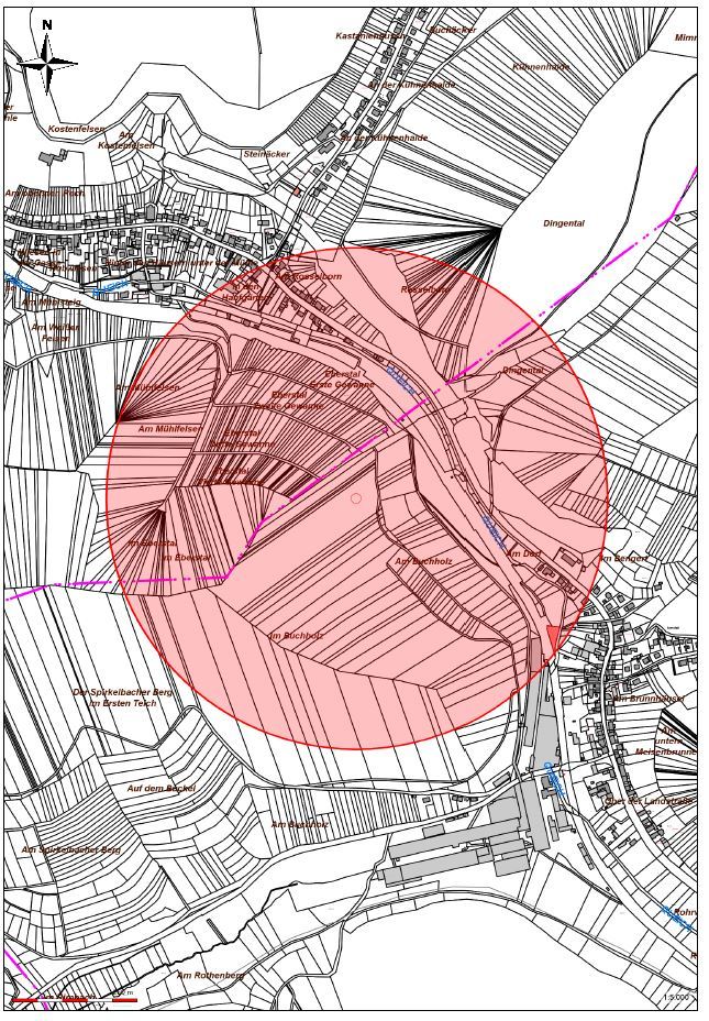 Eine Karte des Gebiets um Annweiler-Sarnstall und Rinnthal mit einem roten Kreis. 