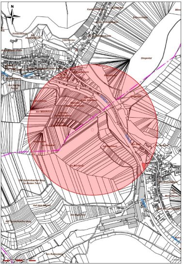 Eine Karte des Gebiets um Annweiler-Sarnstall und Rinnthal mit einem roten Kreis. 