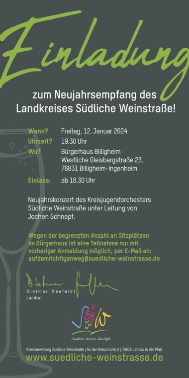 Einladungskarte Neujahrsempfang 2024. Dunkle Karte mit Daten zum Neujahrsempfang 2024, siehe Haupttext.