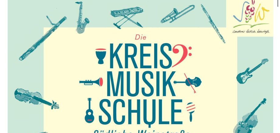 Der Schriftzug der Musikschule umgeben von Instrumenten. 
