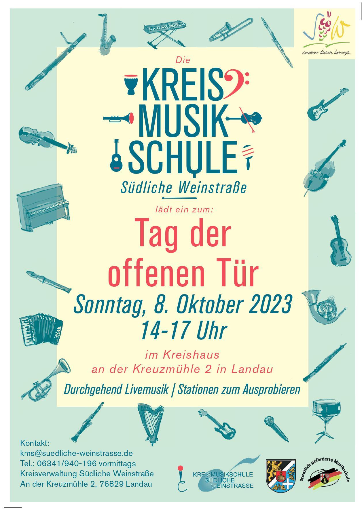 Der Schriftzug der Musikschule umgeben von Instrumenten. 