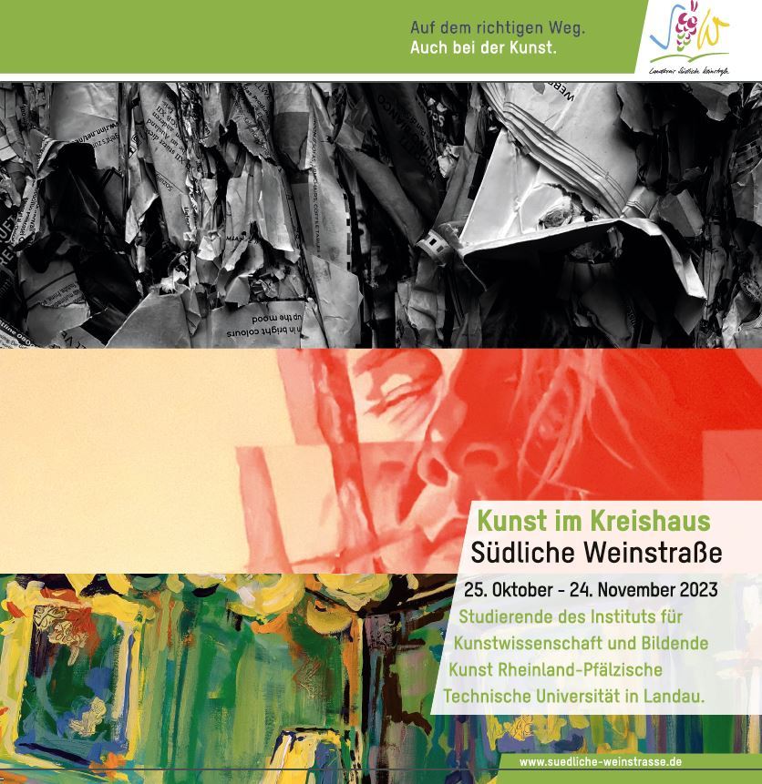Verschiedene Farben und Flächen gehen ineinander über, darüber die Schrift: Kunst im Kreishaus Südliche Weinstraße.