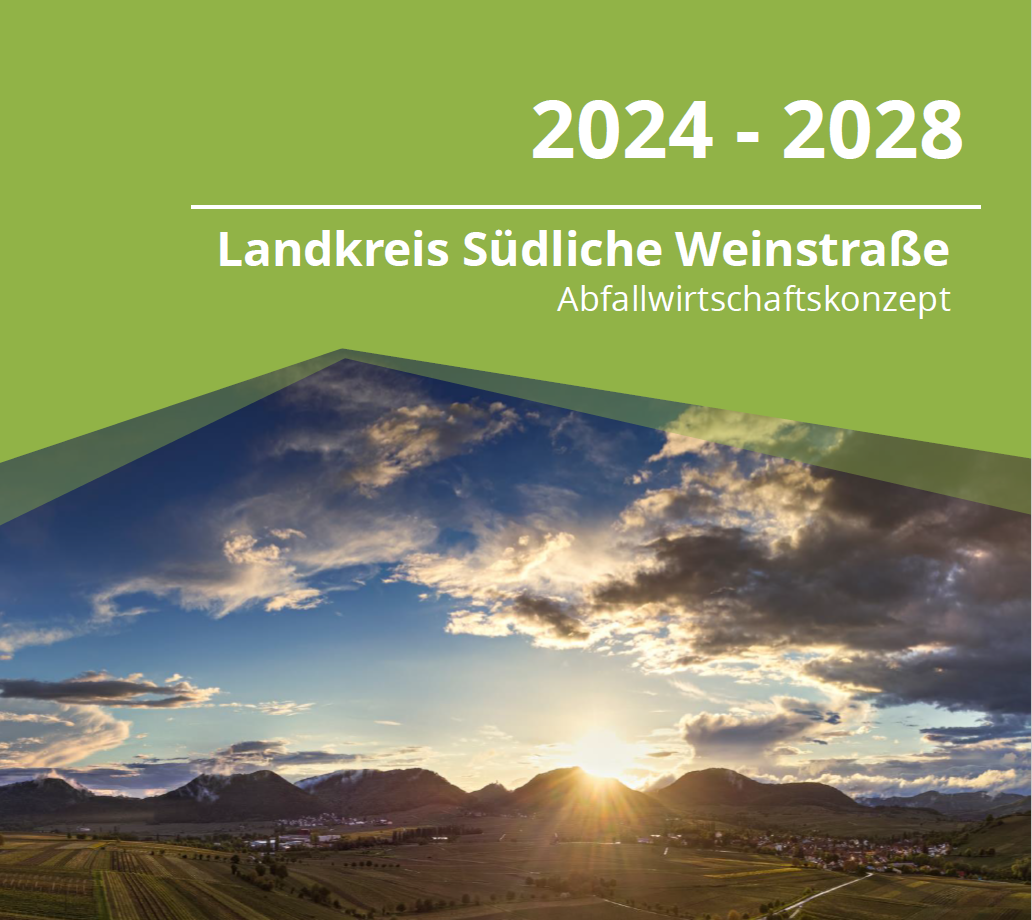 Ausschnitt des Titelblatt zum Abfallwirtschaftskonzept 2024 - 2028 des Landkreis SÜW. Unter dem Titel ist ein Gegenlichtbild mit Blick auf den Pfälzerwald zu sehen.