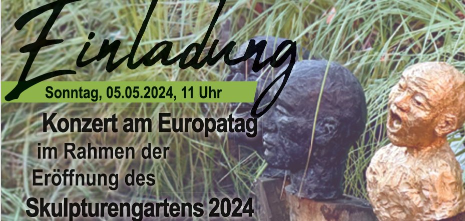 Bild der Einladung zum Konzert am Europatag im Rahmen der Eröffnung des Skulpturengartens 2024. Ein großer Bildausschnitt mit drei Skulpturen in Form von menschlichen Köpfen dienst als Hintergrund.