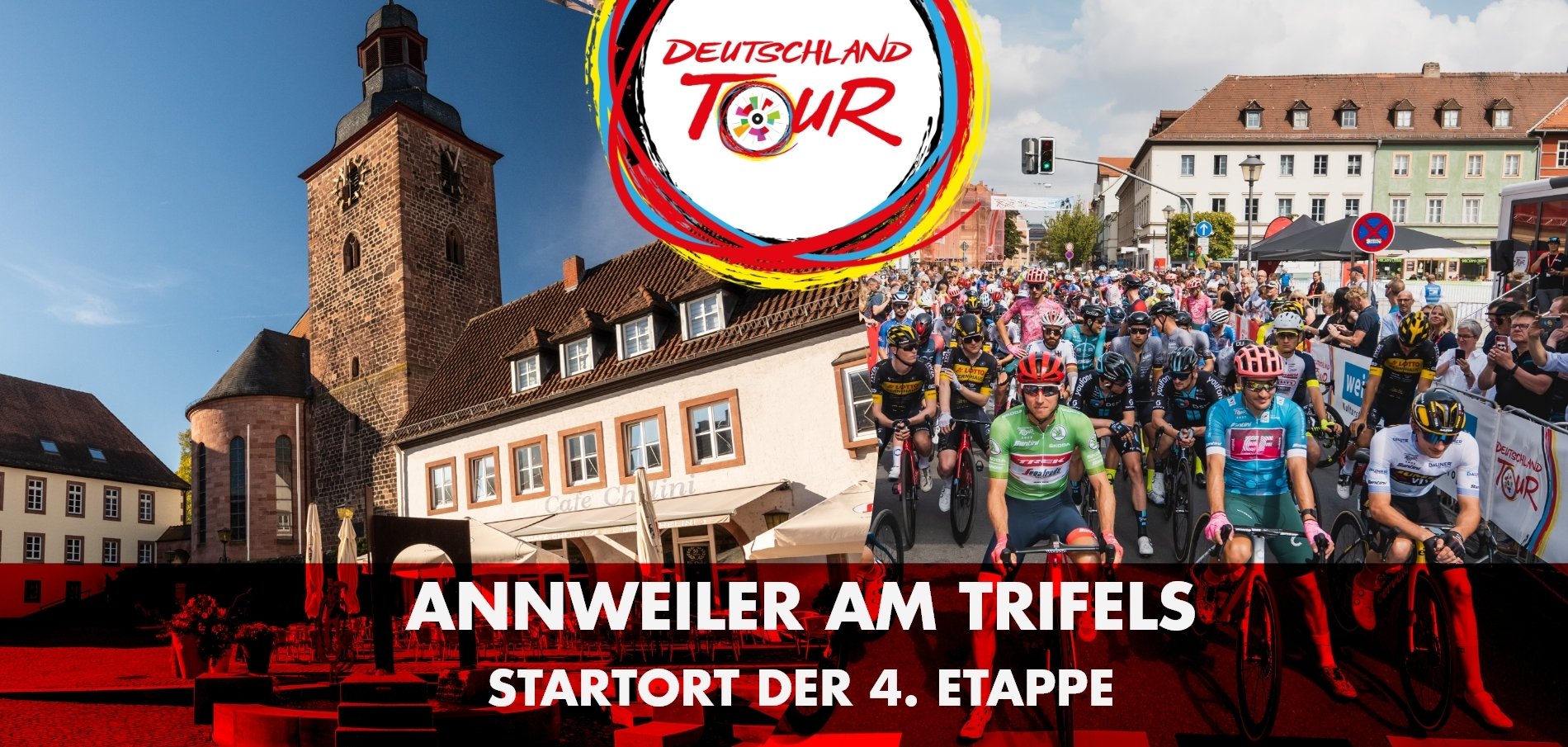 Ansicht von Annweiler am Trifels mit historischem Gebäude und Kirchturm, kombiniert mit einem Bild von Radrennfahrern am Start einer Etappe der Deutschland Tour.