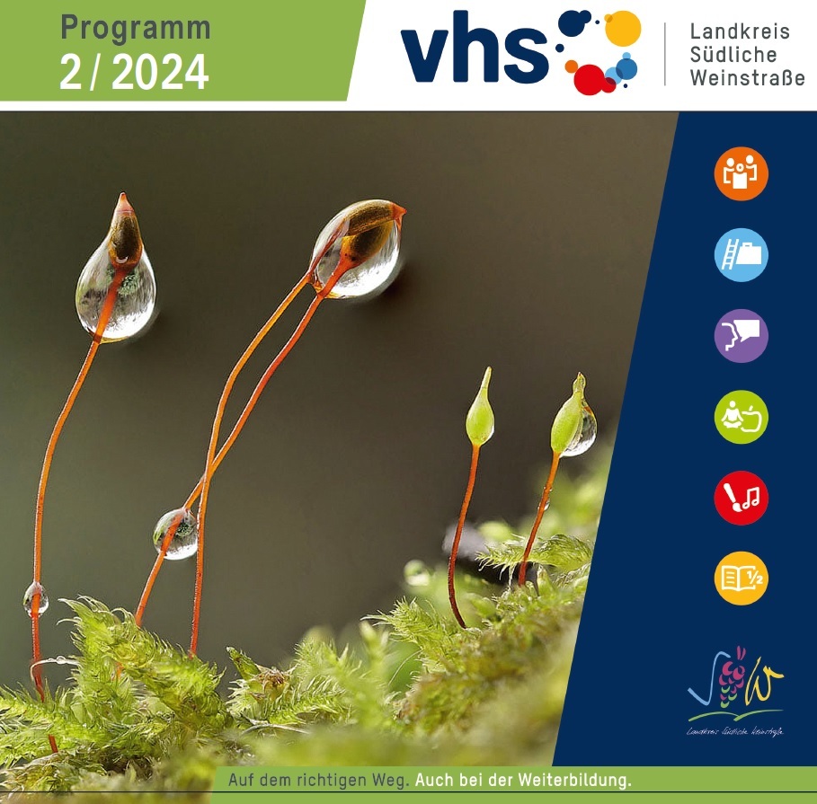 Nahaufnahme von Wassertropfen an einem Grashalm, darauf Schriftzug der Volkshochschulen.