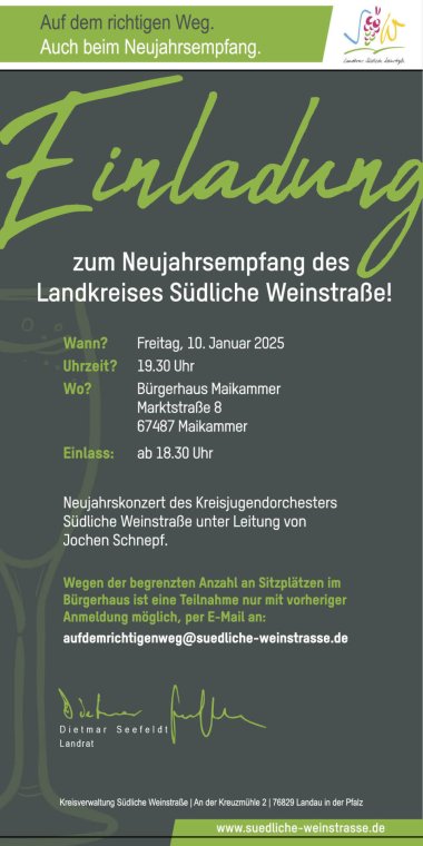 Einladungskarte für Neujahrsempfang 2025 des Landkreises SÜW. Grafik: KV SÜW Einladungskarte für Neujahrsempfang 2025 des Landkreises SÜW