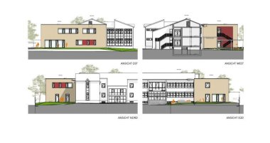 So soll der Erweiterungsbau an der Ganztagsschule in Edesheim aussehen. Grafik: Architekturbüro Pia Entwurf (Skizze) des Erweiterungsbaus an der Ganztagsschule in Edesheim mit vier Ansichten (Nord, Süd, Ost West).