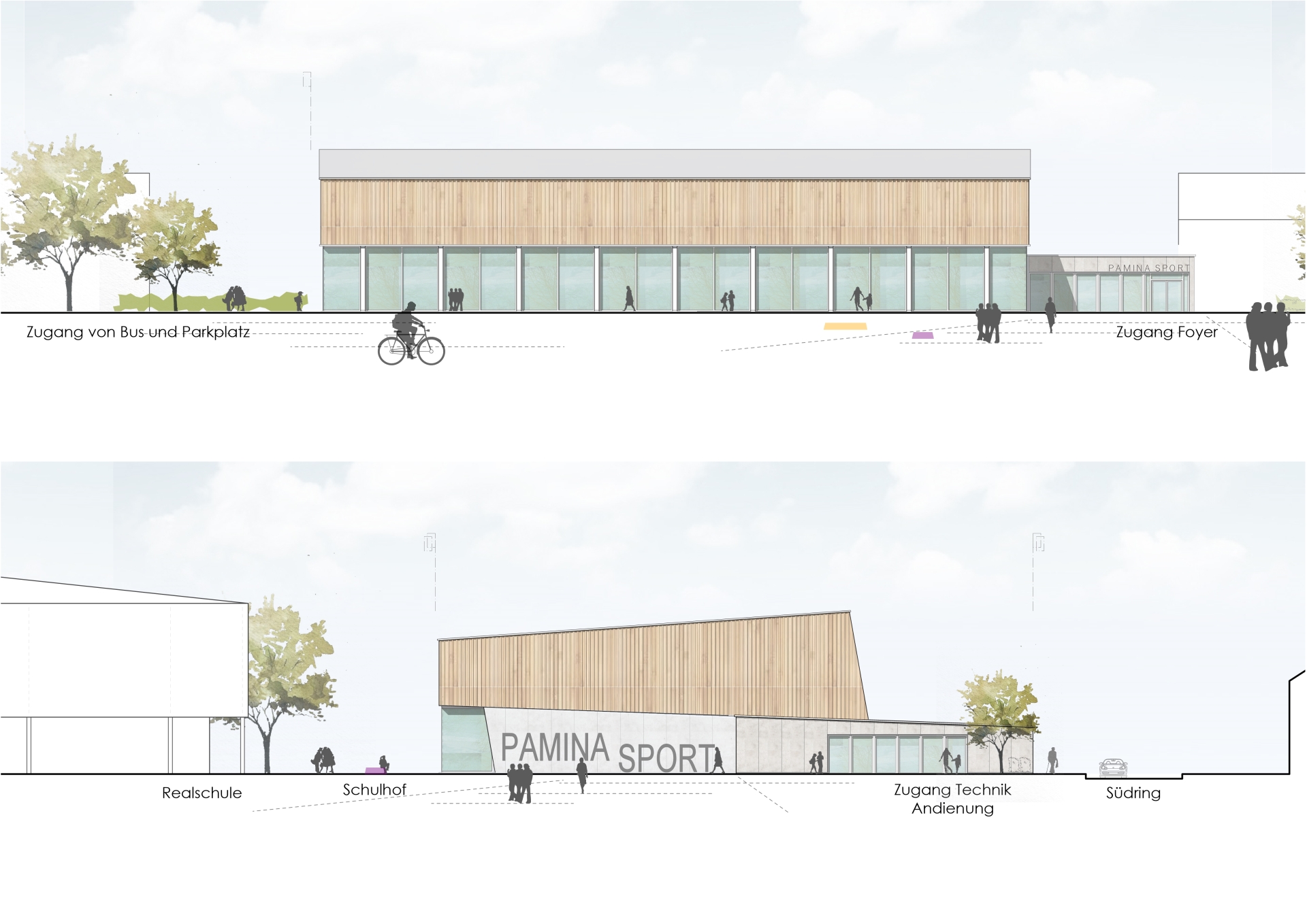 Entwurfsskizze für die neue Dreifeldsporthalle der ZOLL Architekten Stadtplaner GmbH, Stuttgart, mit dem sie den Architektenwettbewerb gewonnen hatten.