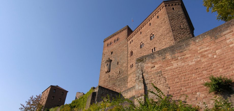 Die nicht original wiederaufgebaute Burg Trifels hinter einer hohen Wallmauer. 