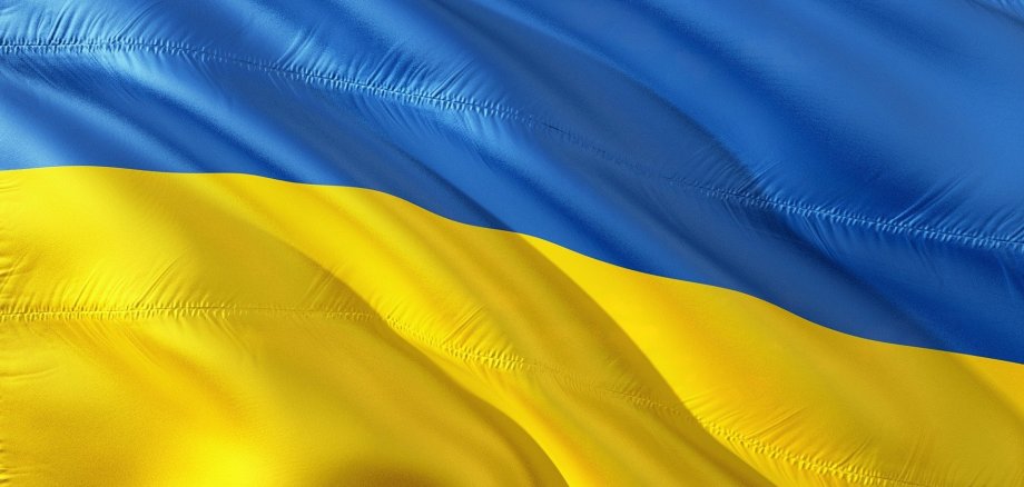 Eine ukrainische Flagge weht im Wind. 