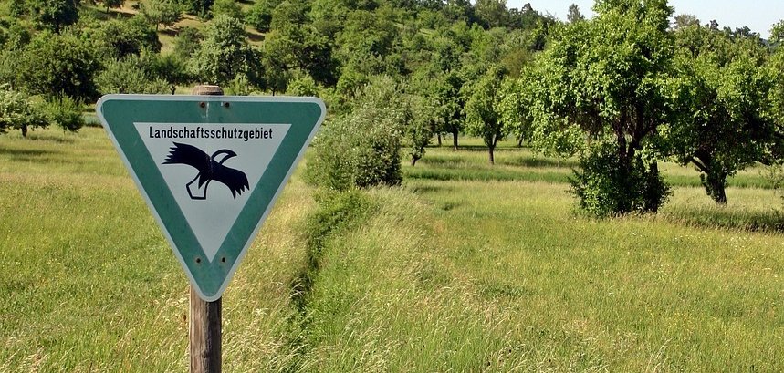 Das Bild zeigt ein Naturschutzgebiet in Deutschland, erkennbar an dem Schild mit der Aufschrift "Landschaftsschutzgebiet" und einem stilisierten Vogel. Im Vordergrund steht das dreieckige Schild auf einem Holzpfahl in einer hohen Graslandschaft, während im Hintergrund eine sanfte Hügellandschaft mit vereinzelten Bäumen und Wäldern zu sehen ist.