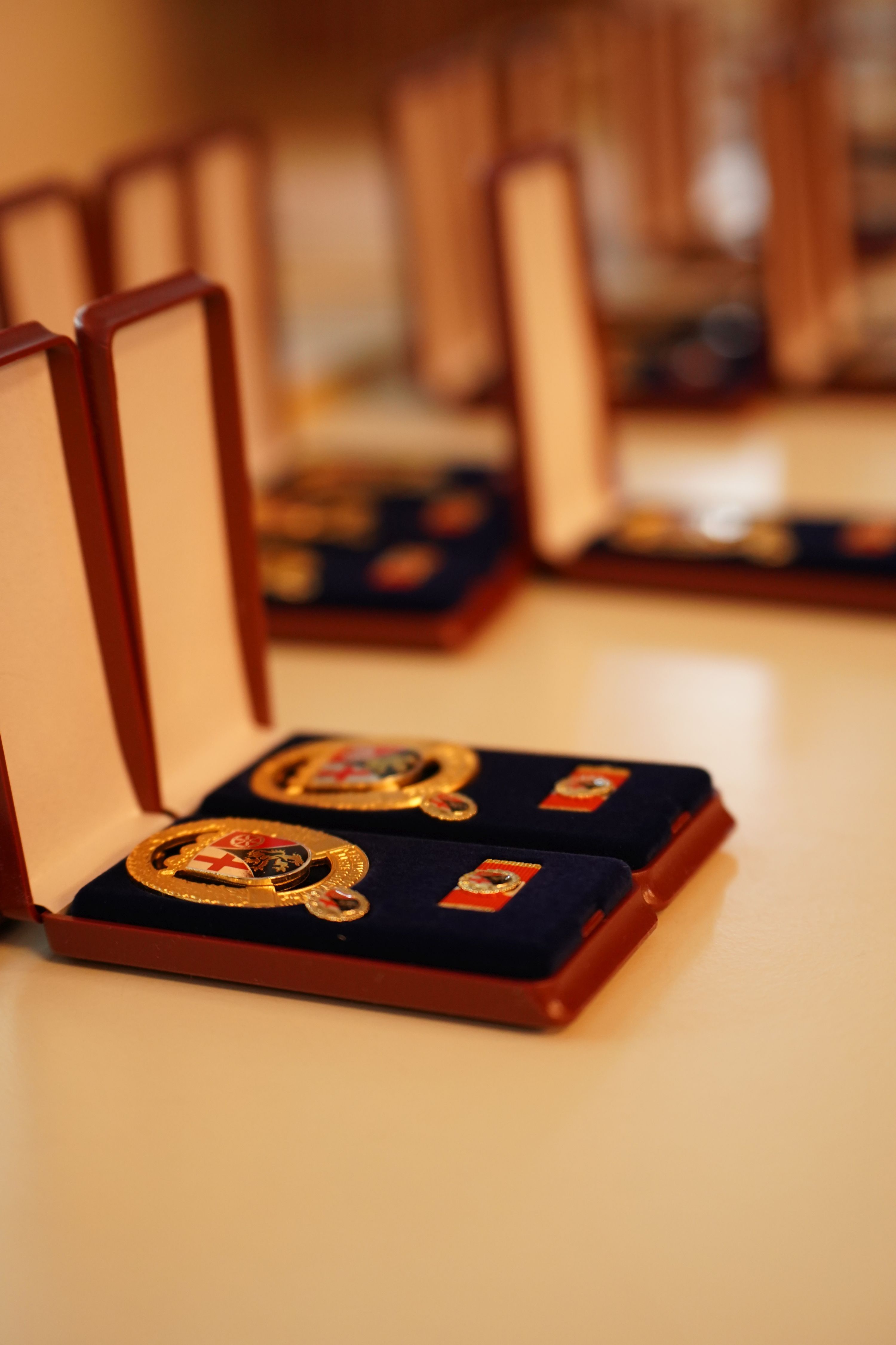 Eine Ehrennadel in der geöffneten Box, die an Feuerwehrangehörige verliehen wurde.