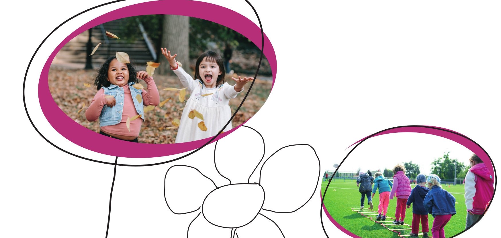 Zwei Bilder sind künstlerisch in Form von Blumen eingebettet. Die linke Blume zeigt zwei fröhliche Kinder, die mit Herbstblättern spielen. Das rechte Bild zeigt eine Gruppe von Kindern, die auf einem Sportplatz in einer Reihe gehen und Übungen machen. Die Bilder sind von handgezeichneten Blumenmotiven umrahmt, was eine verspielte und kreative Atmosphäre vermittelt.