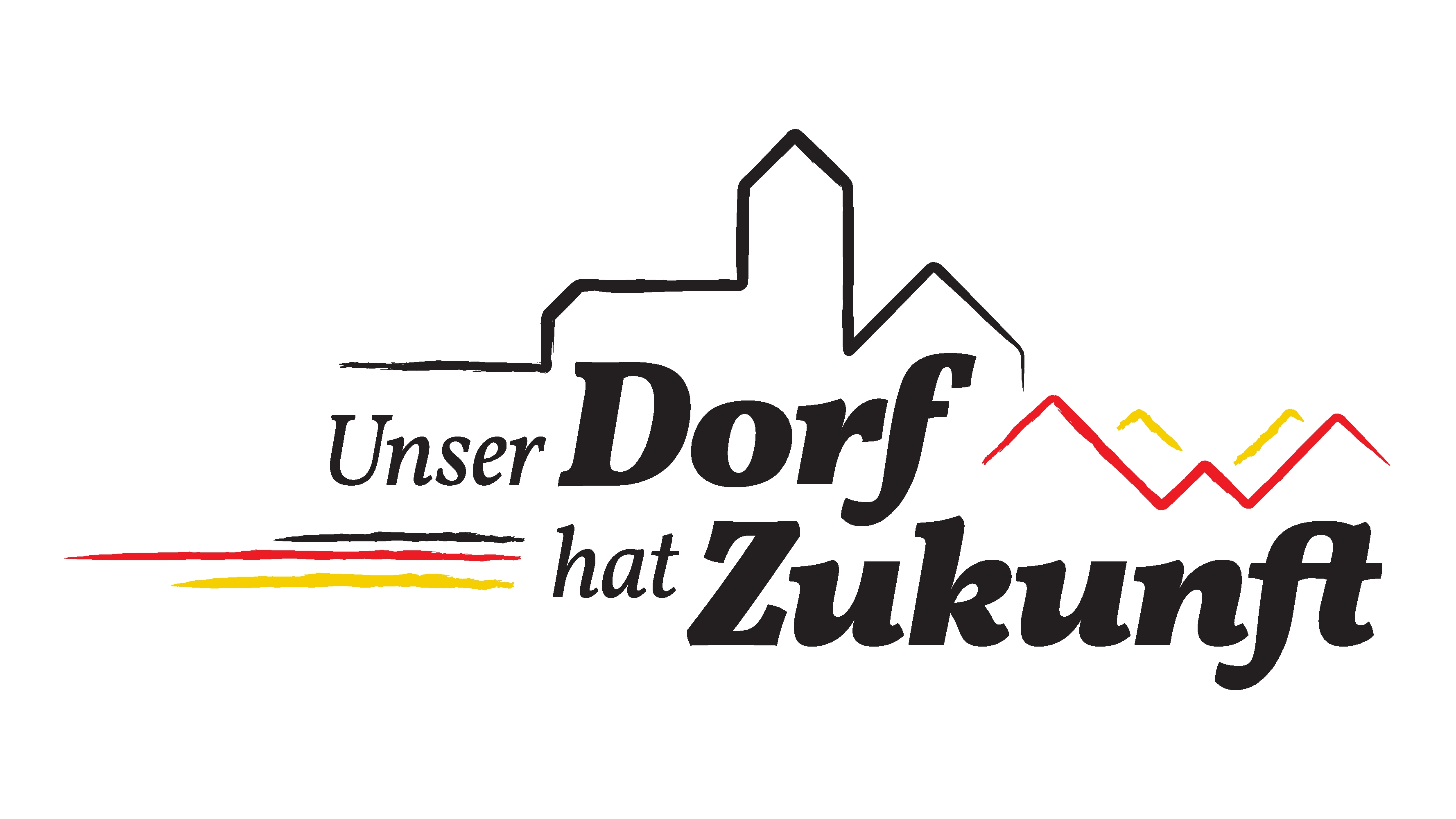 Das Logo zum Wettbewerb "Unser Dorf hat Zukunft" ist in den Farben schwarz, rot und gold gehalten und und zeigt neben dem Schriftzug die Silhouette einer Kirche und einiger Hügel. 