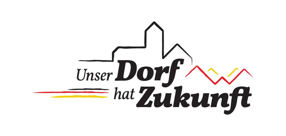Logo zum Wettbewerb "Unser Dorf hat Zukunft". Foto: BMEL Das Logo zum Wettbewerb "Unser Dorf hat Zukunft" ist in den Farben schwarz, rot und gold gehalten und und zeigt neben dem Schriftzug die Silhouette einer Kirche und einiger Hügel.