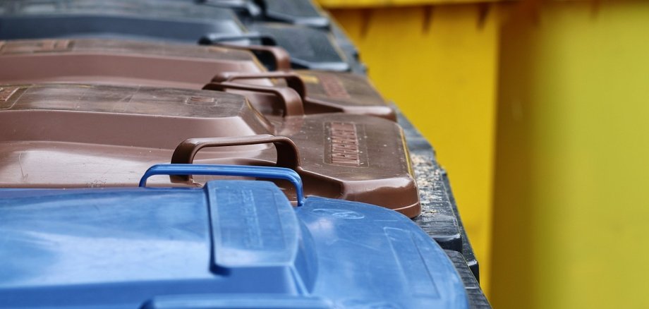 Nahaufnahme verschiedenfarbiger Mülltonnen.