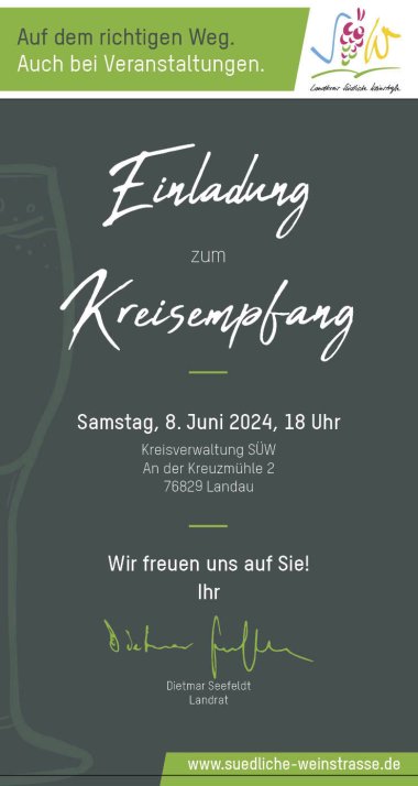 Die Einladungskarte zum Kreisempfang 2024. Grafik: KV SÜW Die Einladungskarte zum Kreisempfang 2024, auf der Datum, Uhrzeit und Ort stehen.