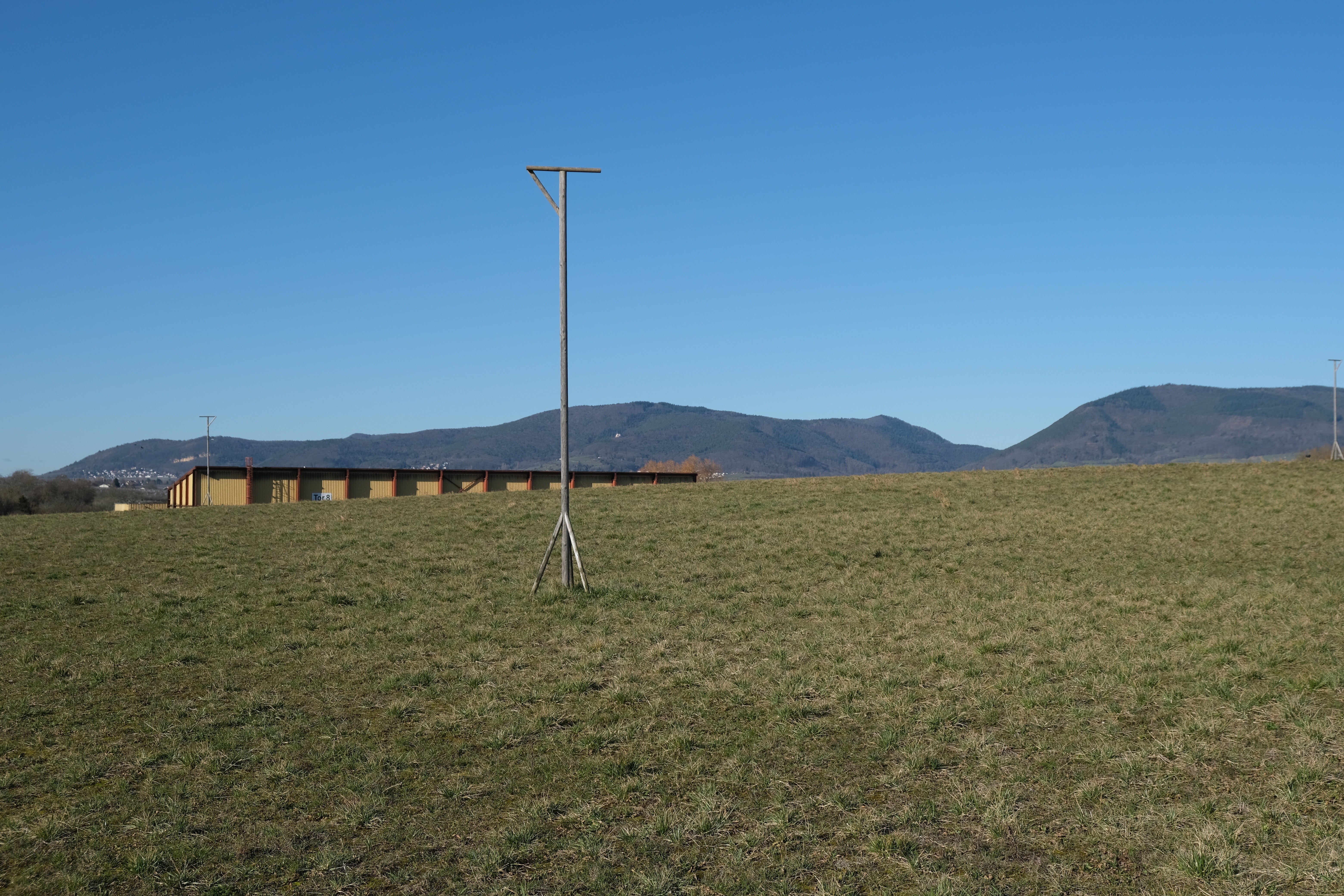 Blick über den abgedichteten Deponiekörper in Edesheim, im Vordergrund steht eine der Greifvogelsitzstangen, die angebracht sind, damit Vögel hier jagen können.