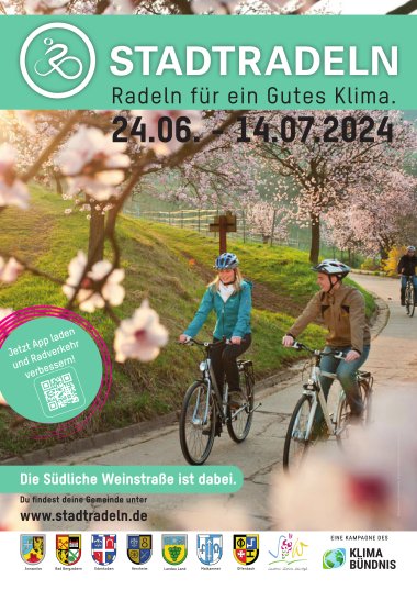 Plakat Stadtradeln 2024. Grafik: KV SÜW Plakat für das Stadtradeln 2024 im Kreis Südliche Weinstraße vom 24. Juni bis zum 14. Juli. Es zeigt ein Bild mit einer jungen Radfahrerin und einem jungen Radfahrer, die auf einem von blühenden Mandelbäumen gesäumten Radweg unterwegs sind.