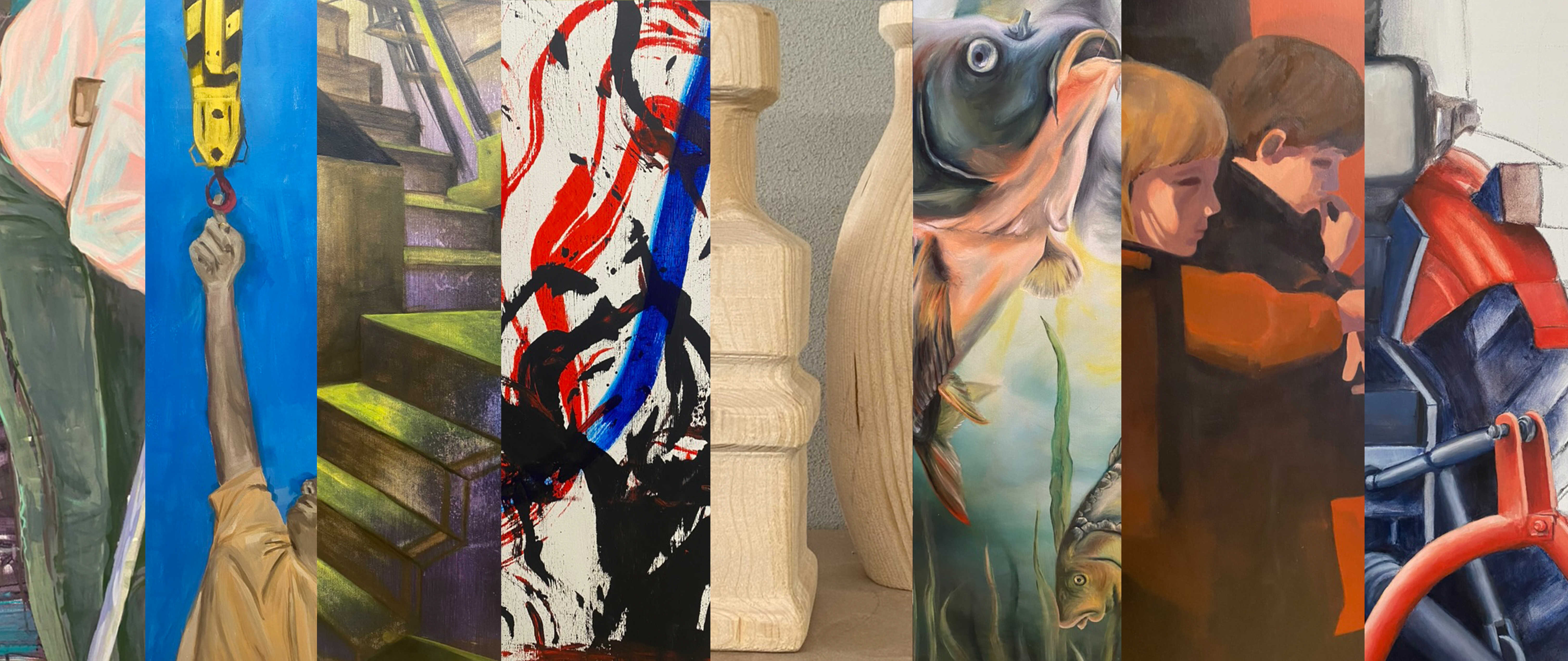 Eine Collage aus einigen Kunstwerken, die in der Ausstellung von kunststudierenden der RPTU in Landau im Kreishaus ausgestellt werden.