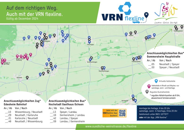 VRNflexline Übersüchtskarte. Grafik: KV SÜW, VRN, @Mapbox und @OpenStreetMap Karte mit Bediengebiet und Haltepunkten der VRNflexline.