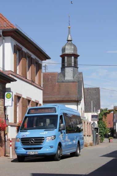 Ein Kleinbus steht auf der Straße in einem Dorf. 