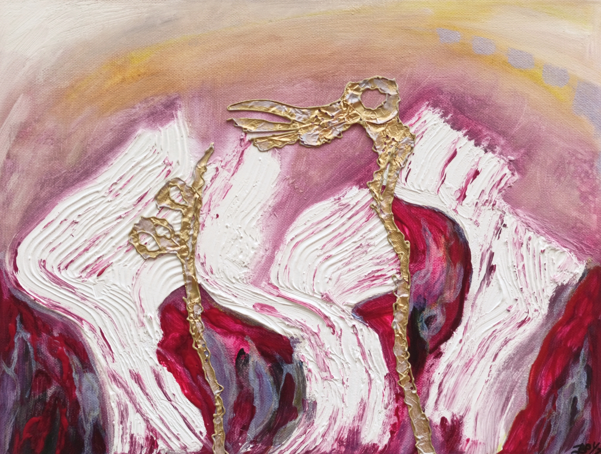 Das Bild „YUCATAN I“, Acryl und Gips auf Leinwand, Judith Boy, 2024. Repro: Boy Abstraktes Bild aus Farbe und erhabener Struktur, rosa und weiß dominieren.