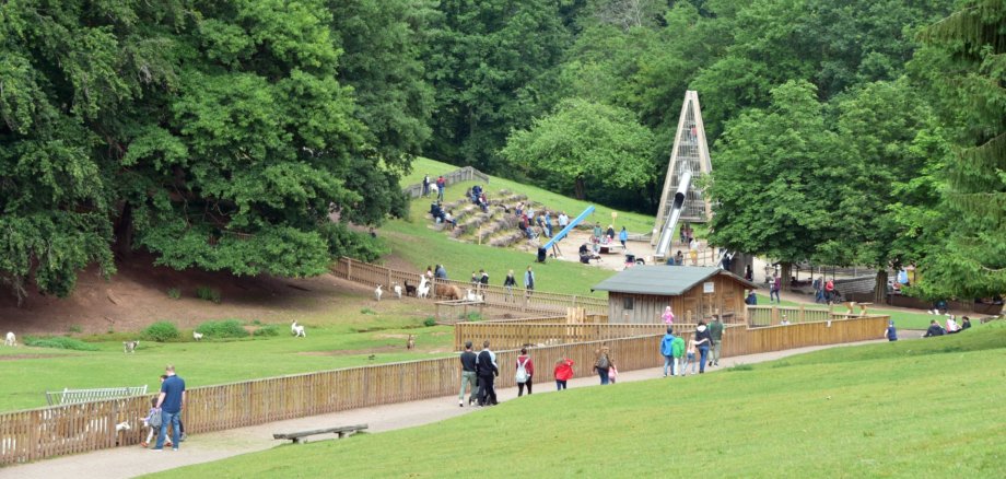 Blick auf den Wild- und Wanderpark Südliche Weinstraße in Silz: Besucherinnen und Besucher spazieren entlang von Tiergehegen und einem großen Spielplatz mit Rutsche, umgeben von grünen Wiesen und dichtem Wald.
