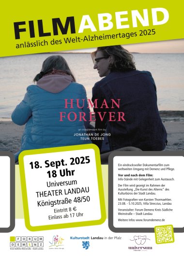 Plakat zum Filmabend  anlässlich des Welt-Alzheimertages. Zentrales Motiv sind zwei Frauen, die – mit dem Rücken zum Betrachter – an einem Ufer sitzen. Beide tragen Jacken.
