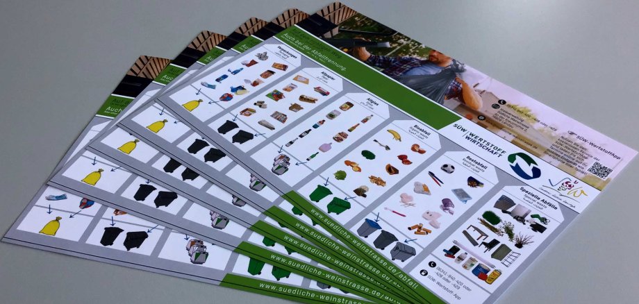 Übersichtlich, bebildert, in verschiedenen Sprachen verfügbar: die neue Abfalltrennhilfe für den Landkreis Südliche Weinstraße. Foto: KV SÜW Fünf farbige Ausdrucke der neuen Abfalltrennhilfe für den Landkreis Südliche Weinstraße liegen aufgefächert auf einem Tisch.