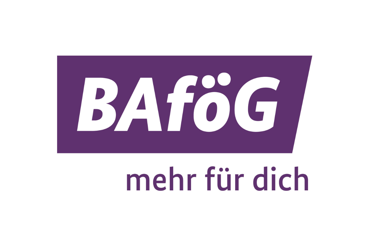 Logo zum BaföG: Schriftzug "BaföG" in weiß, hinterlegt mit lila Textfeld, darunter kleiner und rechtsbündig der Schriftzug "mehr für dich" in lila.