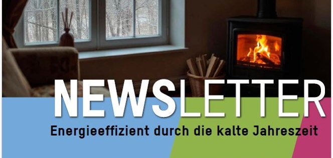 Titelbild eines Klimaschutz-Newsletters des Landkreises Südliche Weinstraße. Zu sehen ist ein gemütlicher Wohnraum mit Fenster und brennendem Kaminofen. Darüber stehen die Texte „Auf dem richtigen Weg. Auch beim Klimaschutz. Ausgabe 8/2025“ sowie groß „Newsletter – Energieeffizient durch die kalte Jahreszeit“. Darunter sind mehrere Themen angekündigt, unter anderem richtiges Heizen und Lüften, Energiespartipps für die Adventszeit, der Ofenführerschein sowie ein Rückblick auf energetische Sanierungen im Jahr 2025.