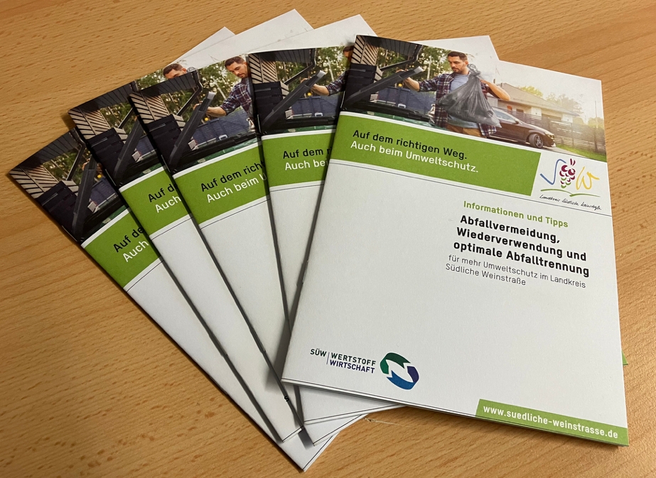 Mehrere Broschüren liegen fächerartig übereinander auf einem Holztisch.