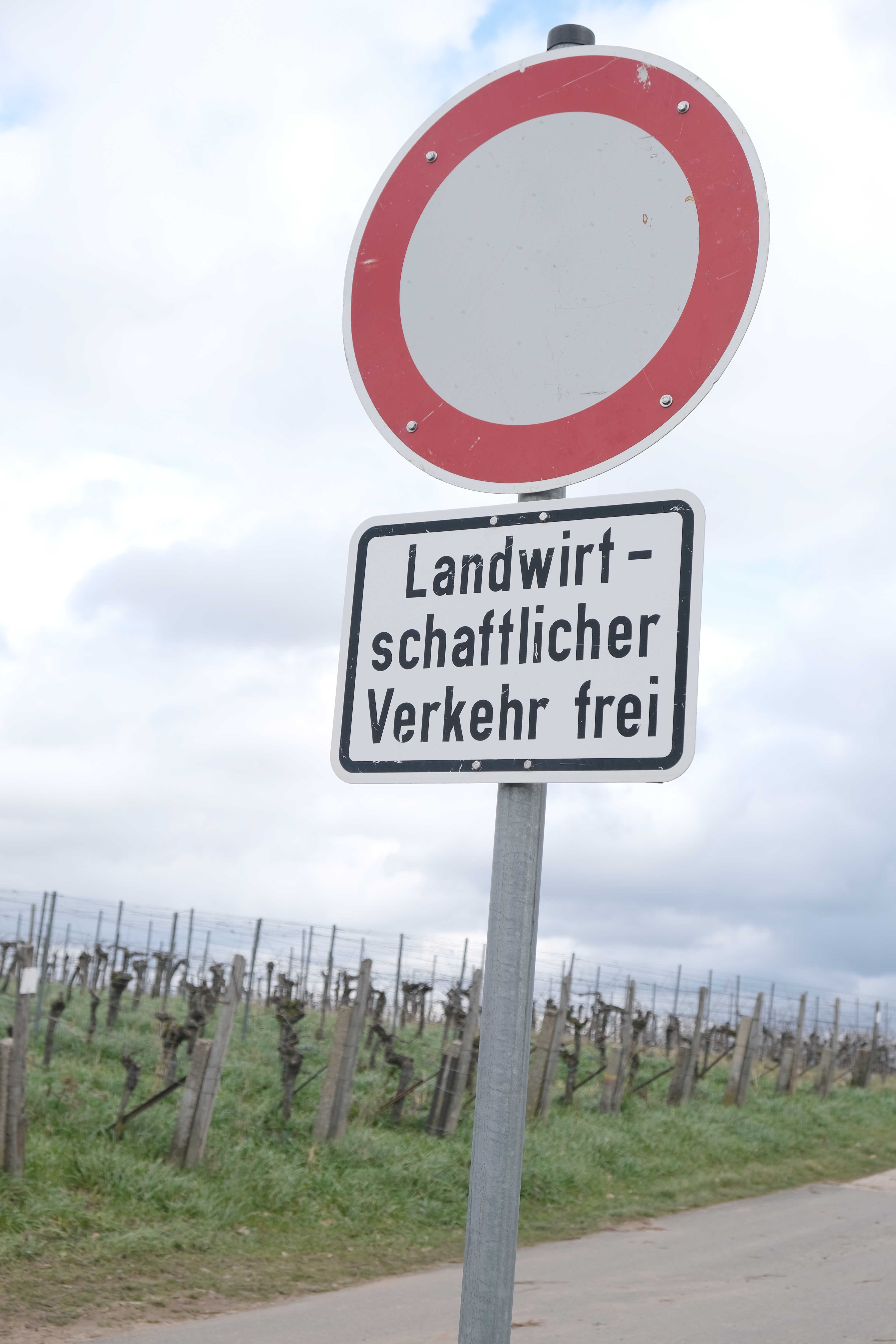 Ein Verkehrsschild "Durchfahrt verboten" mit Zufahrtsschild "Landwirtschaft frei" in den Weinbergen.