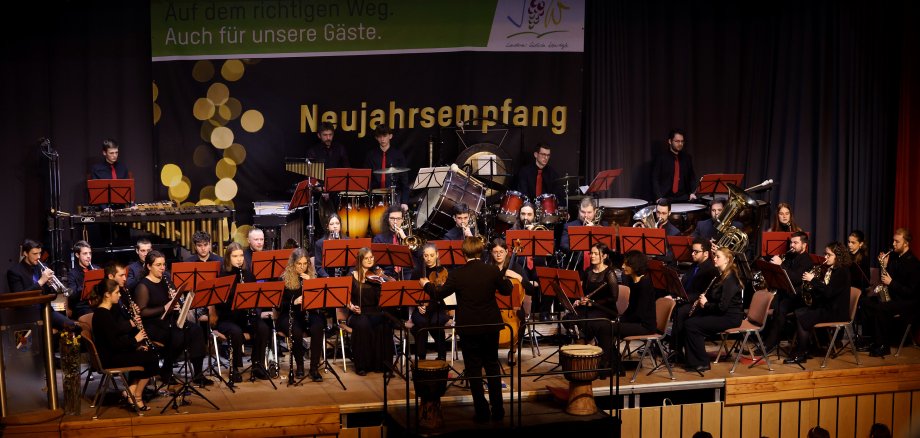 Das Kreisjugendorchester Südliche Weinstraße wurde beim Neujahrsempfang 2025 dirigiert von Jochen Schnepf. Foto: Iversen Ein Orchester von oben.