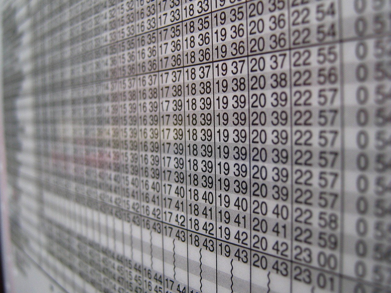 Nahaufnahme eines tabellarischen Fahrplans mit diversen Ankunfts- und Abfahrtszeiten.