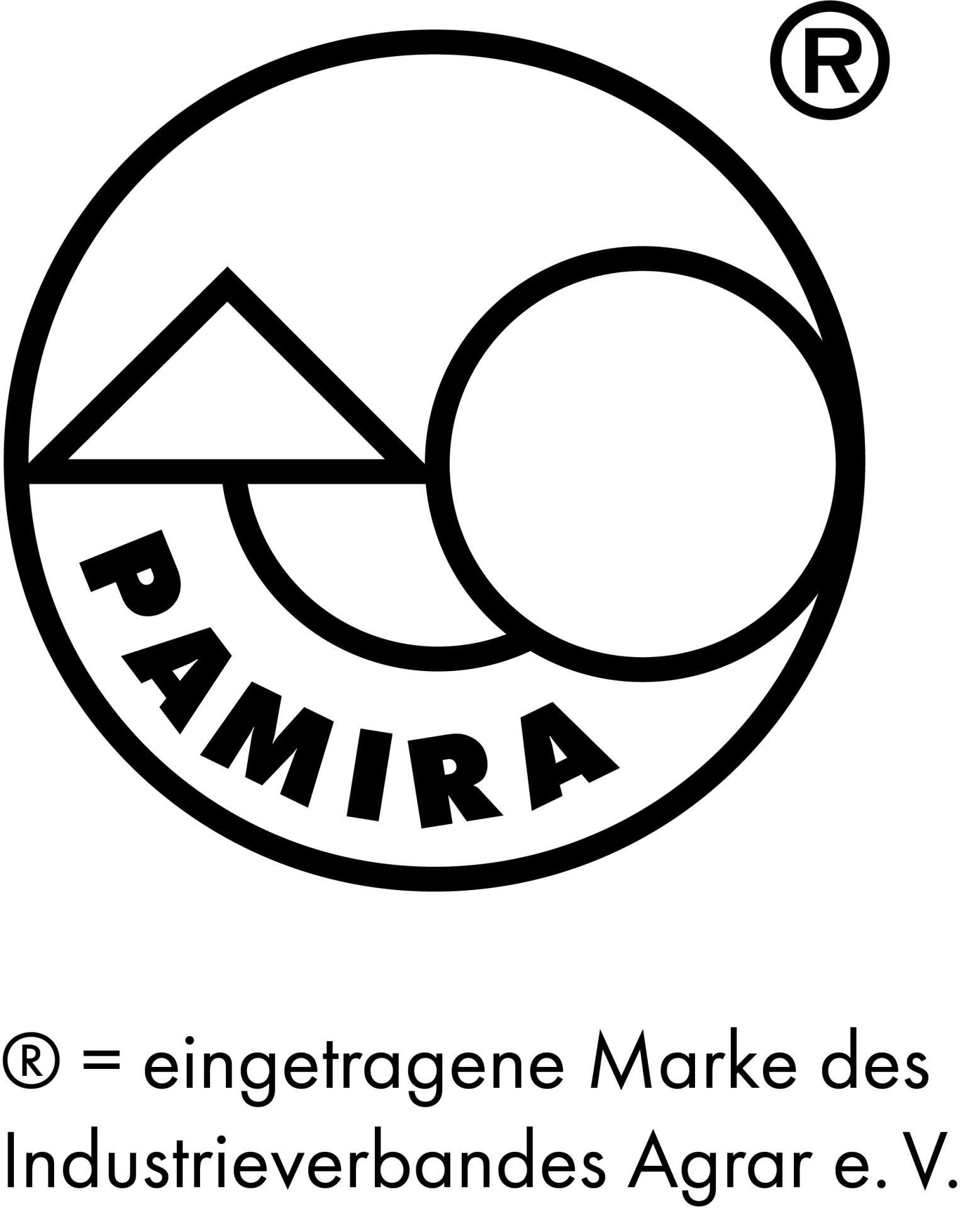 Schwarz-weißes Logo des PAMIRA-Systems. In einem Kreis sind ein stilisiertes Dreieck und ein Kreis dargestellt. Im unteren Bereich des großen Kreises steht der Schriftzug „PAMIRA“. Rechts oben außerhalb des Logos befindet sich ein ®-Zeichen. Unter dem Logo steht: „® = eingetragene Marke des Industrieverbands Agrar e. V.“
