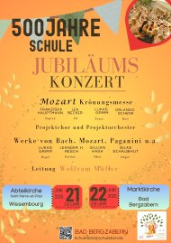 Veranstaltungsplakat Schuljubiläum Bad Bergzabern: Jubiläumskonzerte. Grafik: Alfred-Grosser-Schulzentrum Bad Bergzabern. Veranstaltungsplakat zum 500-jähirgen Schuljubiläum in Bad Bergzabern: Jubiläumskonzerte am 21. und 22. Juni 2025.