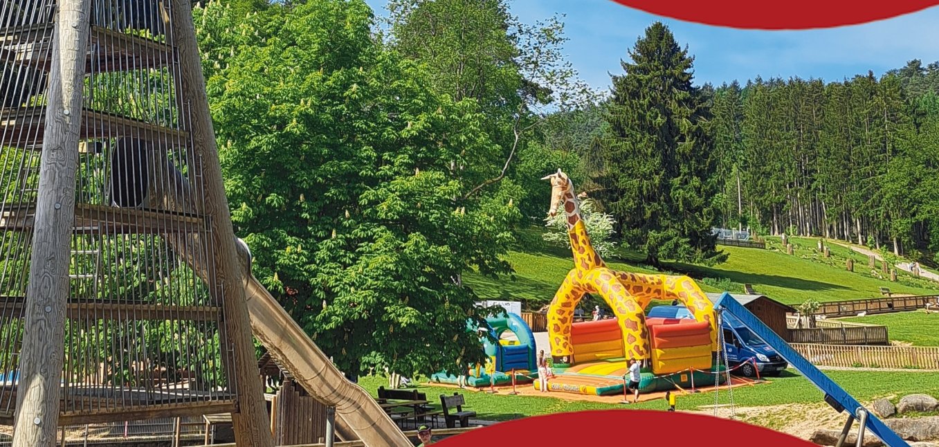 Plakat zum Spiel- und Spaßtag im Wild- und Wanderpark Silz am 29. Juni 2025 von 11 bis 16 Uhr. Im Hintergrund ein Spielplatz mit Holzrutsche und Hüpfburgen, im Vordergrund rote Textflächen mit Veranstaltungsinfos.