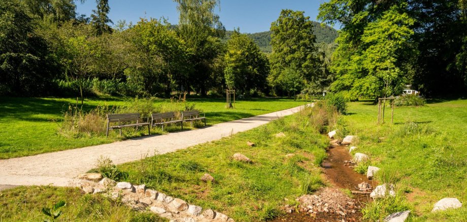 Ein Weg im Grünen, daneben ein Bachlauf.