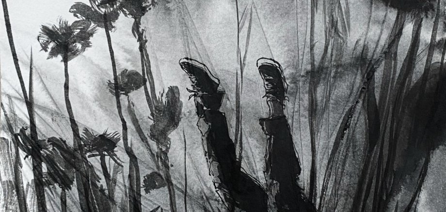 Tuschezeichnung von Rainer Steve Kaufmann: Eine abstrakte Figur scheint zu stürzen oder zu schweben, umgeben von dynamischen Linien und Strukturen, die Bewegung und Fall symbolisieren.