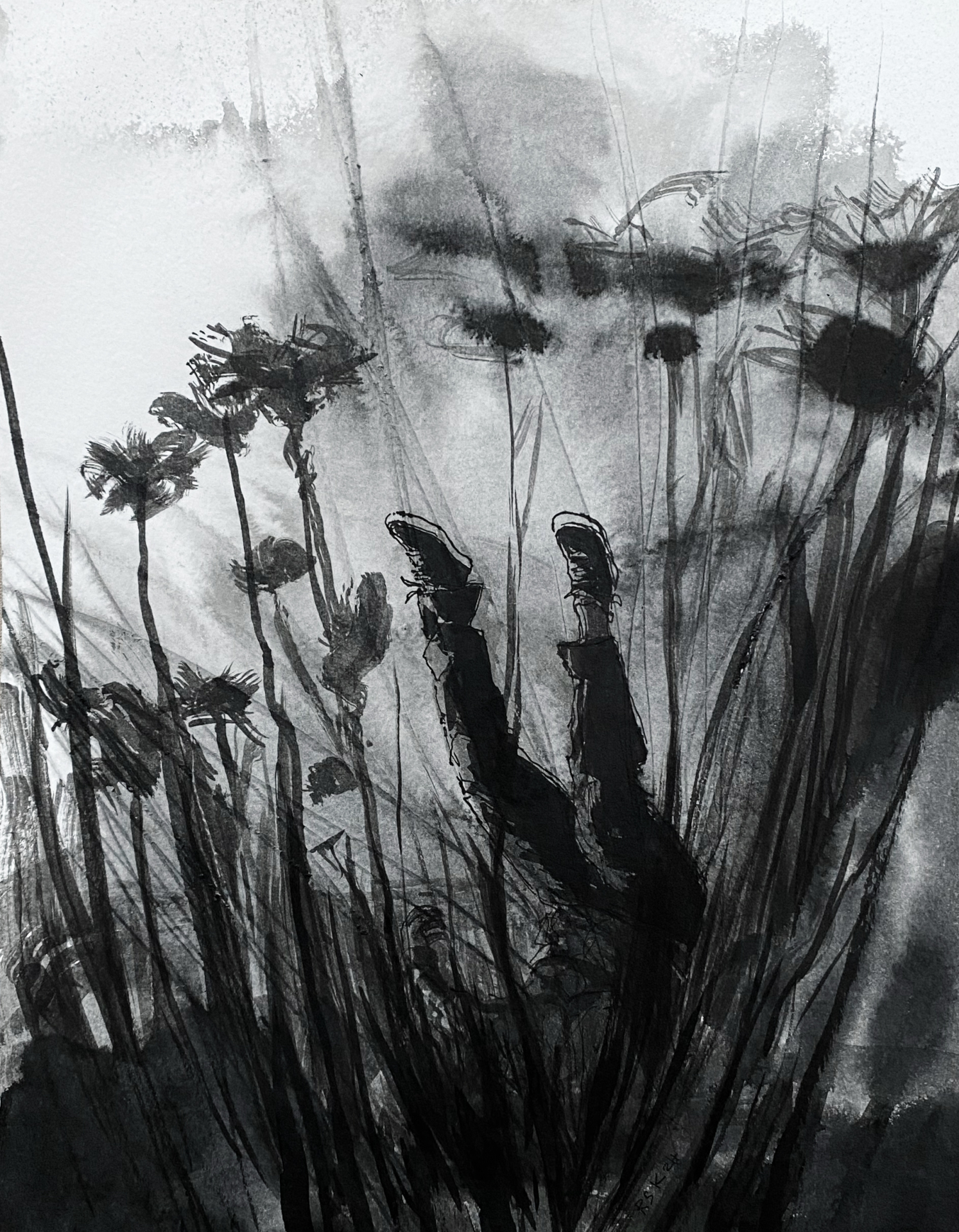 Das Werk „Fallen“ von Rainer Steve Kaufmann ist in der Ausstellung im Kreishaus zu sehen… Repro: Kaufmann Tuschezeichnung von Rainer Steve Kaufmann: Eine abstrakte Figur scheint zu stürzen oder zu schweben, umgeben von dynamischen Linien und Strukturen, die Bewegung und Fall symbolisieren.