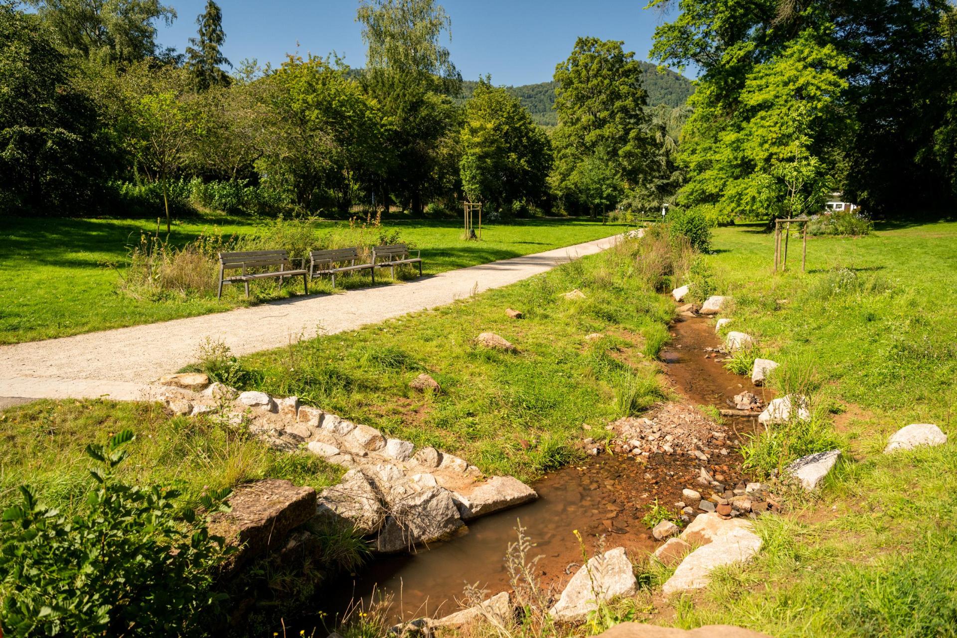 Ein geschwungener Spazierweg mit mehreren Parkbänken führt durch eine grüne Parkanlage. Rechts neben dem Weg fließt ein kleiner Bach, gesäumt von Steinen und Wiese. Umgeben ist die Szene von zahlreichen Bäumen, im Hintergrund sind bewaldete Hügel zu sehen. Die Sonne scheint, der Himmel ist klar.