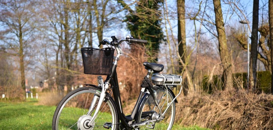 Ein E-Rad steht auf einer grünen Wiese.